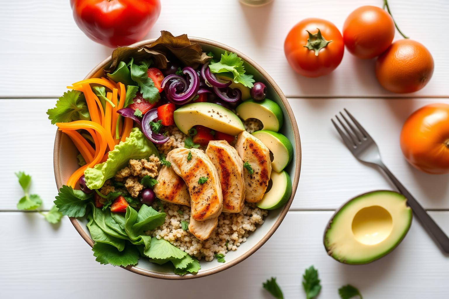 A balanced bowl with grilled chicken, quinoa, vegetables and avocado